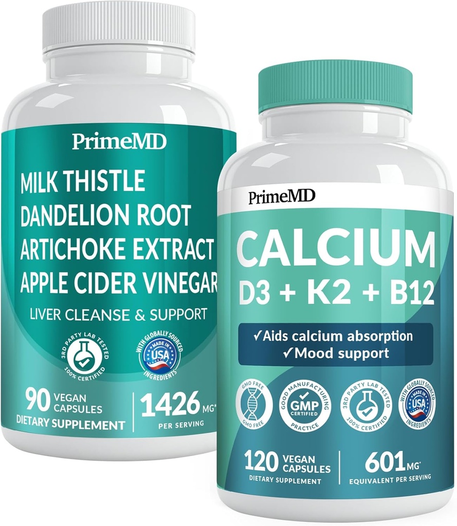 Calcium D3 K2 B12 (1pk) and Liver Support (1pk) Supplement Bundle - Potent Vitamins for Bone, Heart, Liver Function, & Immune Support - Non-GMO, Vegan, Gluten-Free