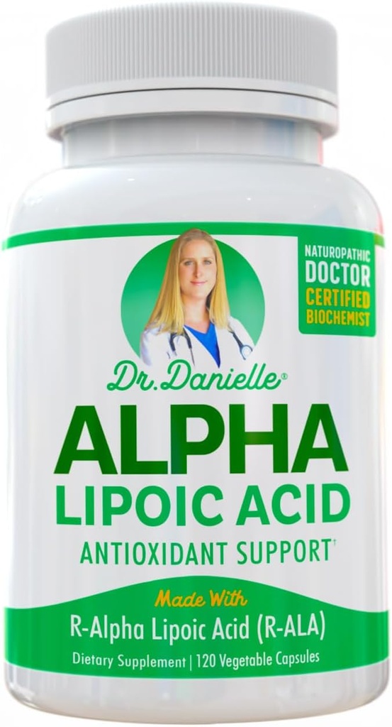 Alfa- Lipoic Acid by Dr. Danielle, Neuropathy Support, Non- GMO, Gluten- Free, Vegan, Soy- Free, Promotes Sveiko kraujo Cukraus, Alpha R-ALA, R- ALA, 120 Veggie Caps