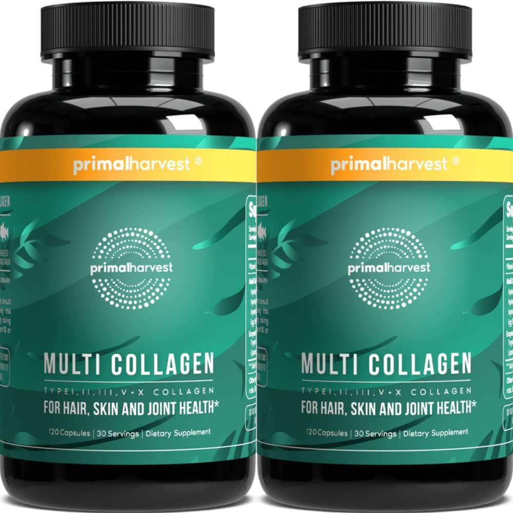 Praskiestas derlius 2 Pack, Multi Collagen piliulės moterims ir vyrams (Type I, II, III, V, X) Collagen papildai moterims ir vyrams, 120 kapsulės w / Vitaminas C Plaukų, odos, nagų kolagenas Peptides pills