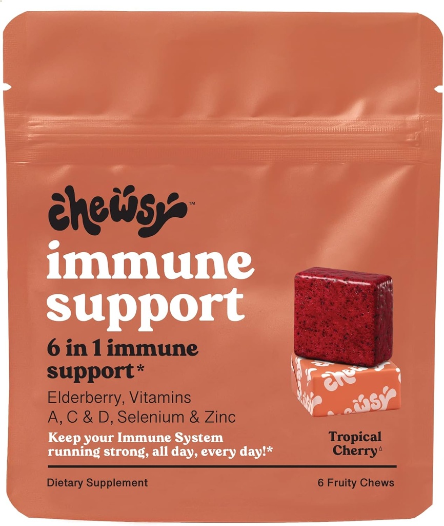 Chewsy - 6- in-1 Imuninė Parama Vaisiai Chews su Elderberry - Vitaminas C, A ir D, Cinkas ir Selenium - Individualiai Wrapped - 6 dienų tiekimo