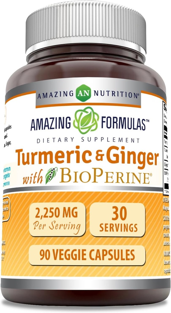 Nuostabi formulė Termeric Curcumin & Ginger su BioPerine Addition Bendrijoje 124; 2250 Mg ® 124; 90 Veggie Capsules ® 124; Non- GMO ® 124; Gluten Free 124; Pagaminta JAV