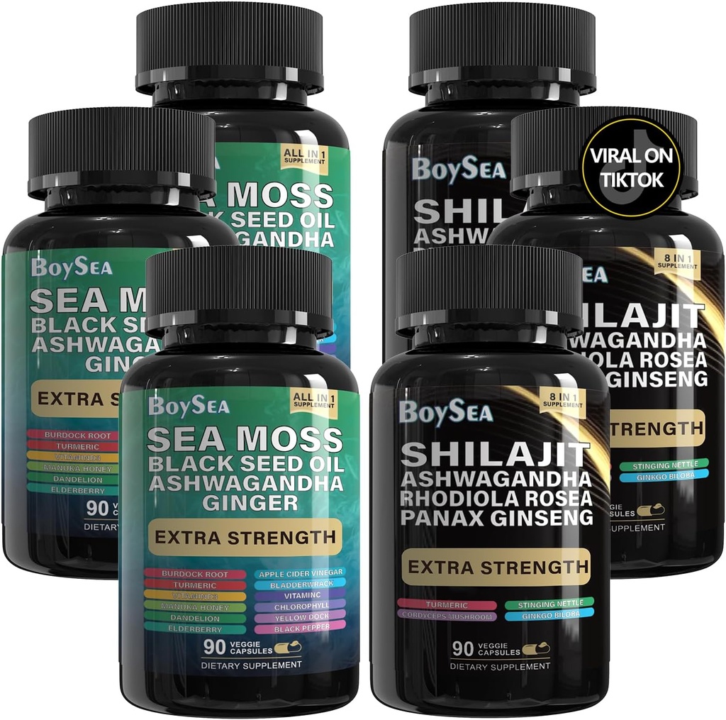 Boysea. Shilajit and Sea Moss Bundle- 90 Count - Sea Moss, Black Seed Oil, Ashwagandha, Ginger & Shilajit, Rhodiola Rosea, Visi 1 papildai (3 Pc)