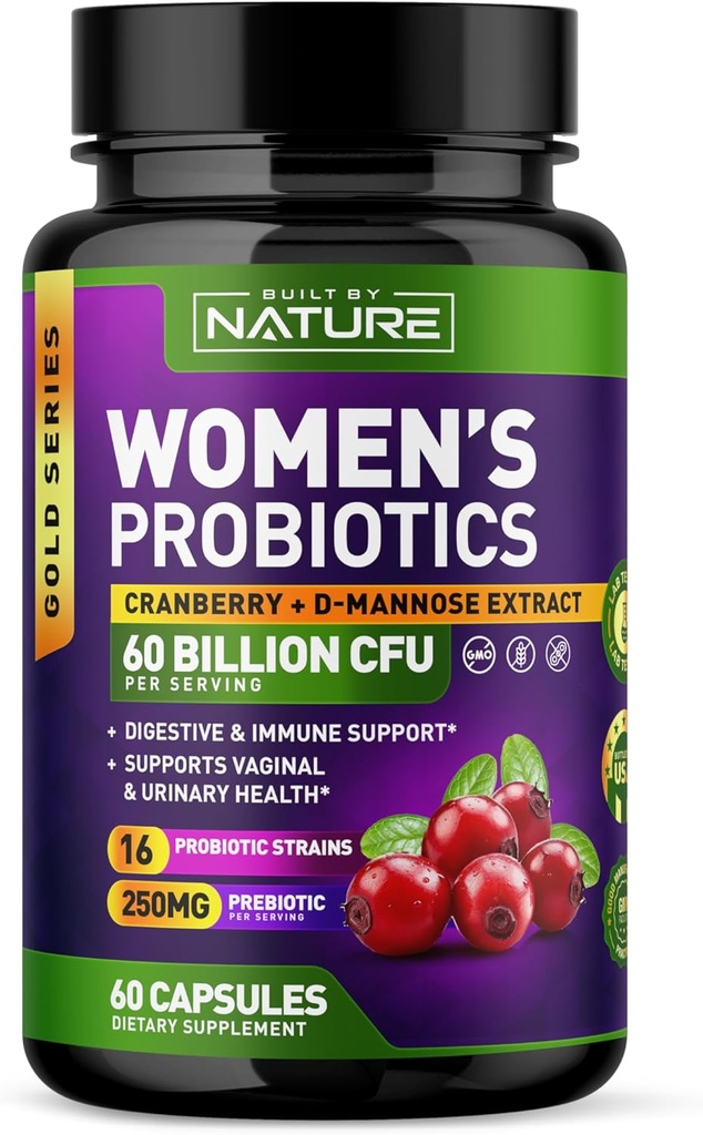 Probiotikai moterims - 60 milijardų CFU, 16 Trans, su spanguolių, D-Mannose & Prebiotics - Palaiko Digestive, Immunal, & Vaginal Health - Non- GMO, Dairy & Gluten- Free - 60 Veggie Capsules