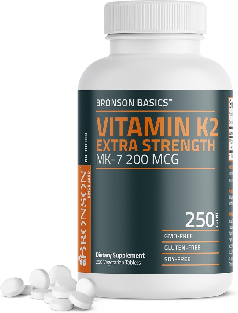 Bronson Vitaminas K2 MK- 7 200mcg Papildomas stiprumas, 250 Vegetariškų tablečių