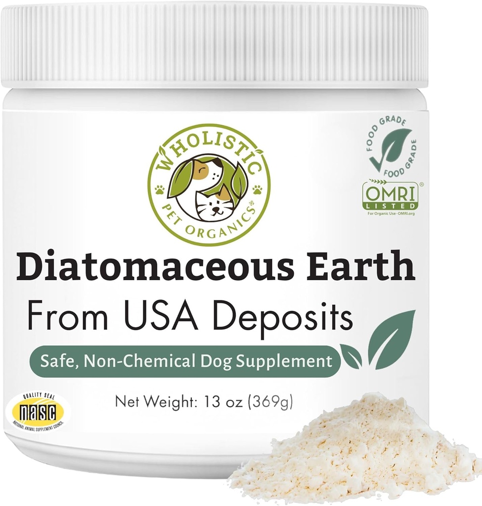Wholistic Pet Organics Diatomaceous Earth - Food Grade for Dogs & Cats - 13 Oz - Multi Use Powder - Pet Safe Non-Chemical Freshwater Sourced Silica Supports Overall Health - Freshly Made in USA