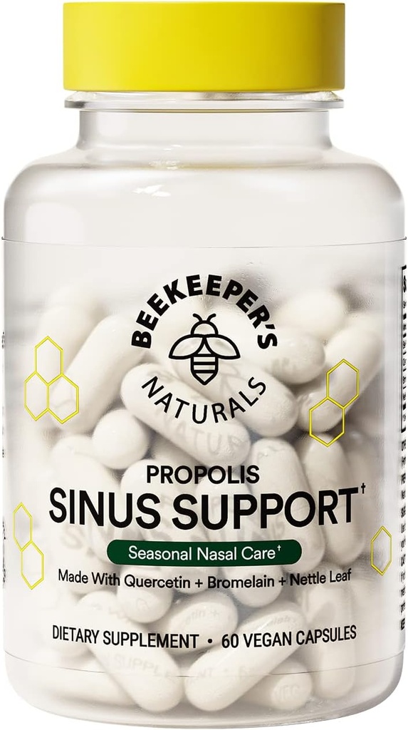 Beekeeper's Naturals All Natural Sinus Support for Adults, Seasonal Nasal Care Relief with Propolis, Quercetin, Bromelain, Nettle Leaf, & Vegan Capsule, Blocks or Suppresses Histamine, 60 ct