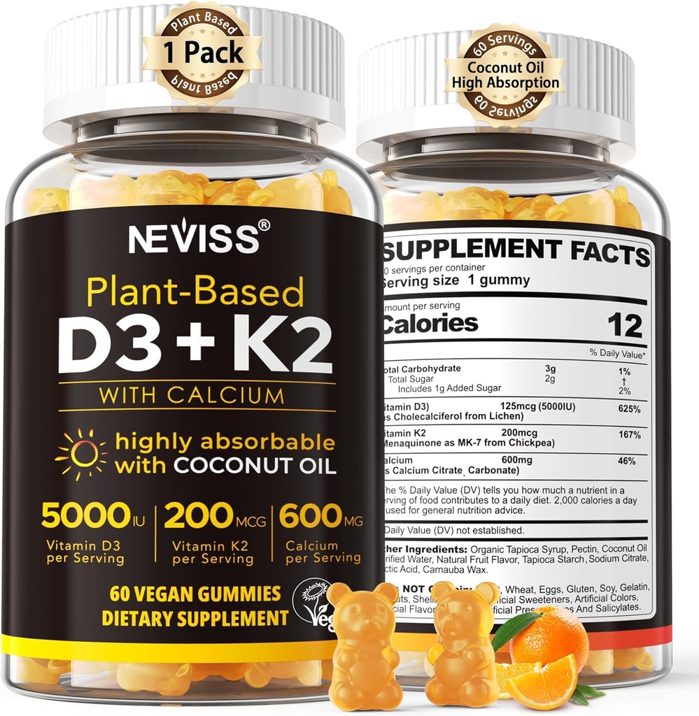 Vitamin D3 5000iu & K2( as MK7 ) 200mcg Gummies + 600mg Calcium, with Coconut Oil for High Absorption, Maximum Strength Vitamin D3 K2 Supplement - Support for Bones Muscle Teeth Immune, Vegan 60 Count