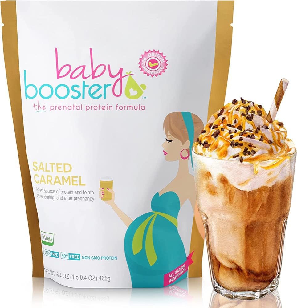 Baby Booster Salted Caramel Prenatal Vitaminas papildas ir baltymų purtyti, Kofeinas nemokamai, Visi natūralūs, Vegetariškas DHA, Aukštas proteinas, Metilo foliatas, B Vitaminai, Puikus ryte liga, 1 LB