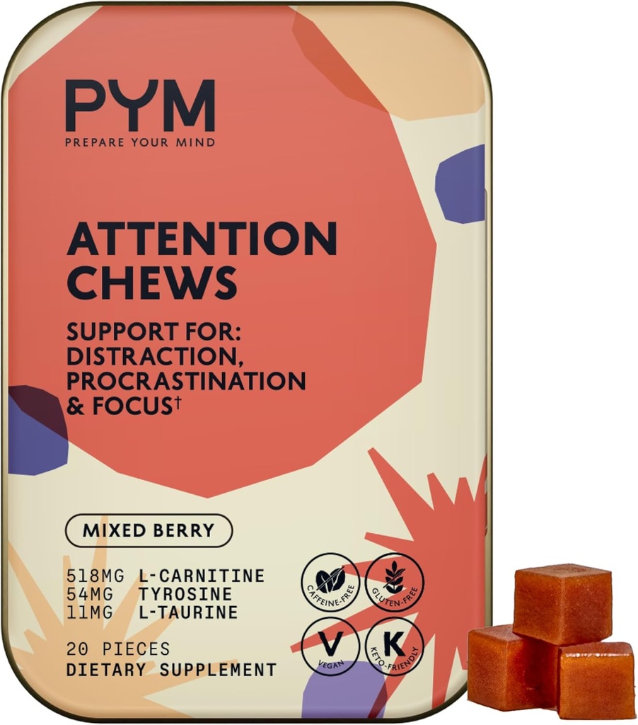 PYM Dėmesio Chews Parama Procrasation, Focus & Našumas, 20 Grafas ® 124; 518mg L- Karnitinas, 54mg Tirozinas, 11mg L- Taurinas, Caffe- Free ® 124; All- Natural Mood Boost Addition Pagaminta JAV