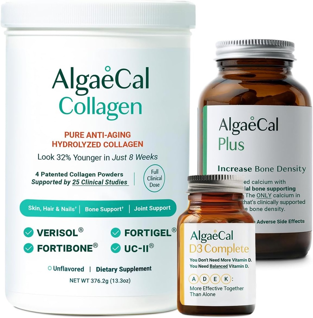 ALGAECAL Calcium, Vitaminas D3 & Collagen Bundle - Hidrolizuotas kolagenas su klinika - Palaikomas Verisol, Fortiboat & Fortigelis, Plius Kalcis, Vitaminas ADEK, & Sekti mineralus kaulų sveikatai & Anti- Senėjimas