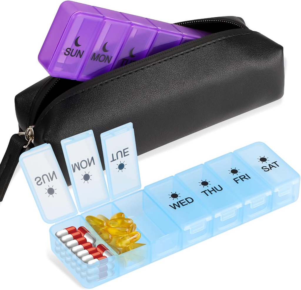 Nuimamas 7 dienų pipilas dėžutė, 14 skyriai MedicinA PP Sandėliavimo dėžutė, BPA- Free Travel Medicinal Box su vandeniui nepralaidus maišelis, Twice dieną pipilas dėklas vitaminų papildai, ir žuvų aliejus