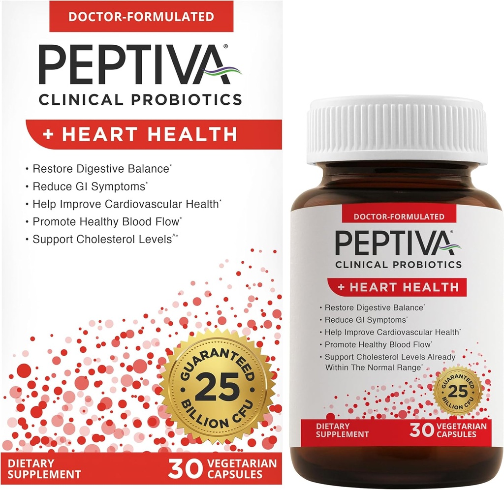 Peptiva Probiotics Heart Health - Heart Health Support Addition, 25 Billion KSV, Multi- padermės Probiotic, Lactobacillus Acidophilus, Bifidobacterium, Digestive Support - 30 vegetarinio preparato kapsulių