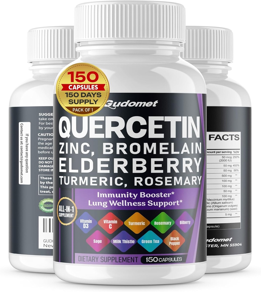 Quercetin Bromelain Cinkas Vitaminas D3 Elderberry Žemuogių dygliuotojo rožinio šalavijo porūšis be žievės Česnakų žalioji arbata Pienas Thistle Oregano -150 Kapsules- Pagaminta JAV