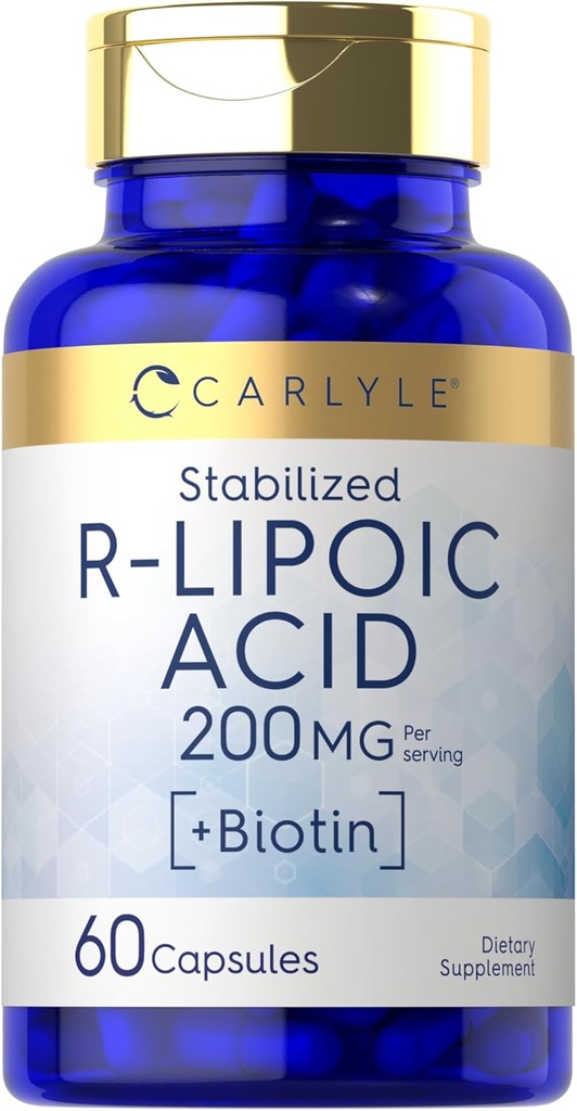 Carlyle R-Lipoic Acid 200mg | 60 Capsules | Stabilized RLA with Biotin | Non-GMO, Gluten Free