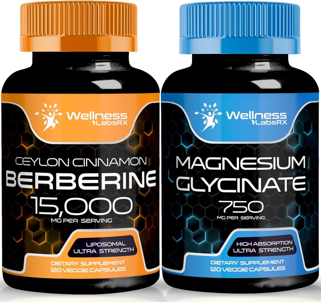 Berberino 1500 mg priedas - Liposominis berberinas su Ceilonas Cinnamon - magnio glicinato kapsulėmis - 750mg - magnio priedas didelės absorbcijos priedas