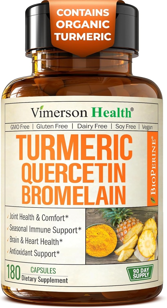 Quercetinas su Bromelain Turmeric Curcumin Addition - Alergija Religija, Jungtinė ir imuninė parama - Organinis Turmerinis priedas su Black Pepper (Bioperine) - 180 Quercetin 500mg Capsules