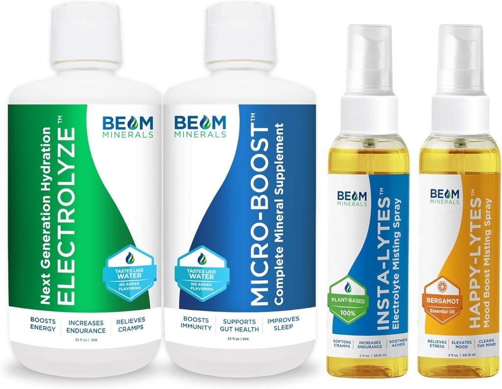 Beam Minerals Micro-Boost Humic Mineral Blend & Electrolyze Liquid and Insta- Lytes Natural Liquid Electrolytes 2oz and Happy- Lytes Fluvic Electrolyte Misiting Spray 2oz