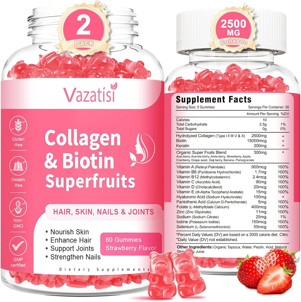 2 Pack Sugar Free Collagen Gummies for Women, Multi Collagen Peptides Gummies Type I II III V X with Biotin Vitaminas A B C D E for Plaukų odos nagai, braškių skonio, 120 Count