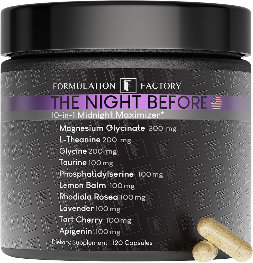 The Night Before 10-in-1 Midnight Maximizer Sleep Aid, Stress Relief, Cognition, Relaxation, Recovery, Focus, Magnesium Glycinate, L-Theanine & More, (120 Capsules – 2 Month Supply)