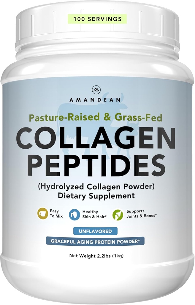 AMANDEAN Collagen Peptides milteliai 1kg. Gras- Fed, Enzymatiškai hidrolizuotas, 1 ir 3 tipo. Aglomeruota, Lengva maišyti, Neskonio, Non- GMO. Baltymai su 18 Amino rūgščių sveikai odai, plaukams, nagams.