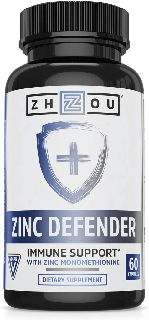 Zhou Zinc Defender - Zinc Supplements for Men & Women, 30mg Per Serving for Immune Health and Mineral Support, Pure Vegan Formula - 60 Capsules