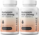 Grynas hialurono rūgšties priedas 250 mg su vitaminu C 50 mg, 120 Vegano kapsulių - odos hidratacija dėl natūralaus švytėjimo, plaukų, nagų, kaulų ir sąnarių sveikatos formulė