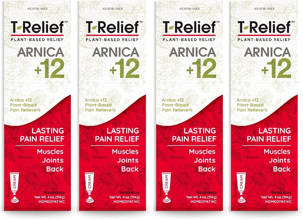 T-Relief Arnica +12 Cream Natural Relieving Actives for Back Pain Joint Soreness Muscle Aches & Stiffness, Whole Body Fast Acting Relief for Women & Men - 4 oz (4 Pack)