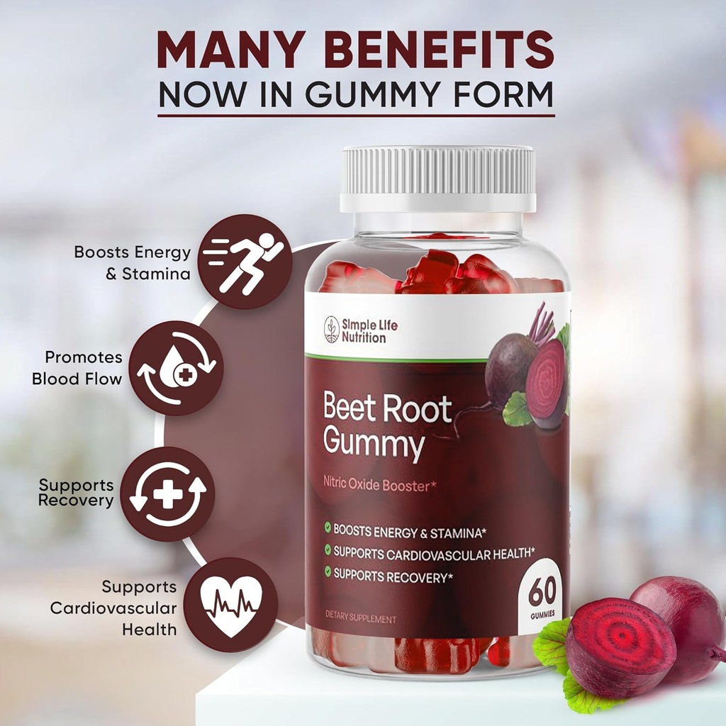 Organic Beet Root Gummies - Azoto oksido gaidys vyrams ir moterims - Organic Non-GMO Gluten Free Vegan Beets - 60CT