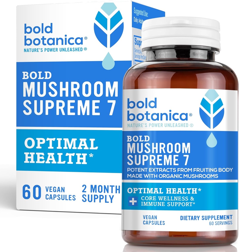 Bold Botanica Mushroom Aukščiausiasis 7 - Grybų priedas - Ekologiški Ekstraktai Turkijos Uodega, Chaga, Phellinus, Reishi, Cordyceps, Maitake, Shiitake for Immune Support & Optimal Wellness, 60 Caps