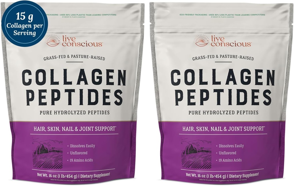 Live Conscious Collagen Peptides Powder - Hair, Skin, Nail, and Joint Support - Type I & III Collagen - Naturally-Sourced Hydrolyzed Protein - 16oz (2-Pack)