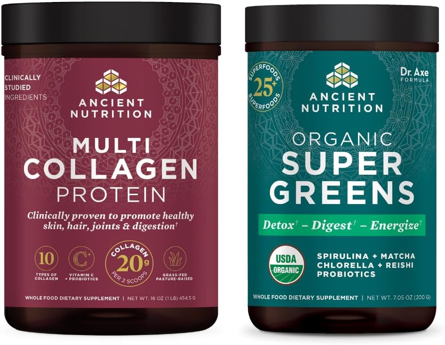 Senovės mityba Organiniai SuperGreen milteliai, 25 Servings + Multi Collagen proteino milteliai, Neskonio, 45 Servings