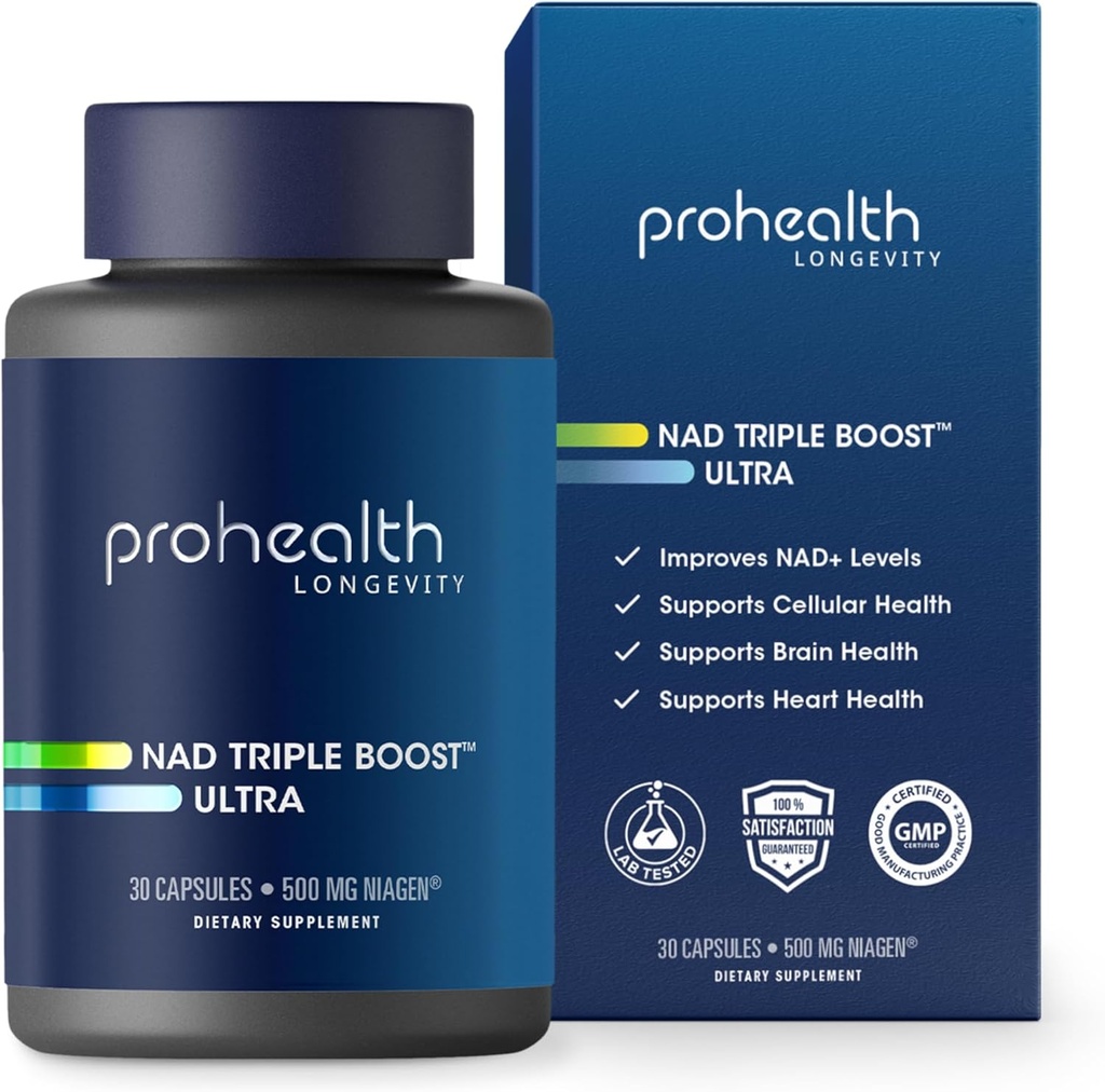 ProHealth NAD Triple Boost Ultra + 500mg Niagen NR. 3X NAD + Optimizer Plus Apigenin, PQQ, Quercetin. Skatina ilgaamžiškumą, širdies ir smegenų sveikatos, Aktyvuoja Sirtuins ląstelių remonto (30 Paslaugos)
