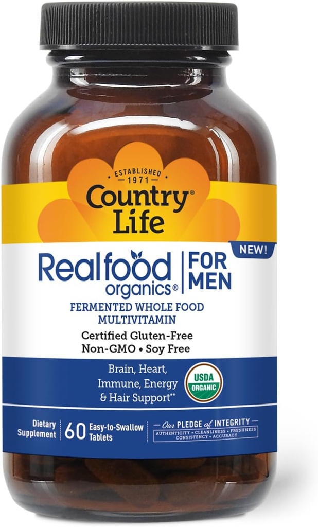 Country Life RealFood Organics for Men - 60 Tablets Bendrijoje 124; 1,300mg Organic Fermented all Foods, 7-Mushroom Superfood & Aloe - Sertifikuoti Gluten- Free, Vegan & USDA Organic Multivitaminų