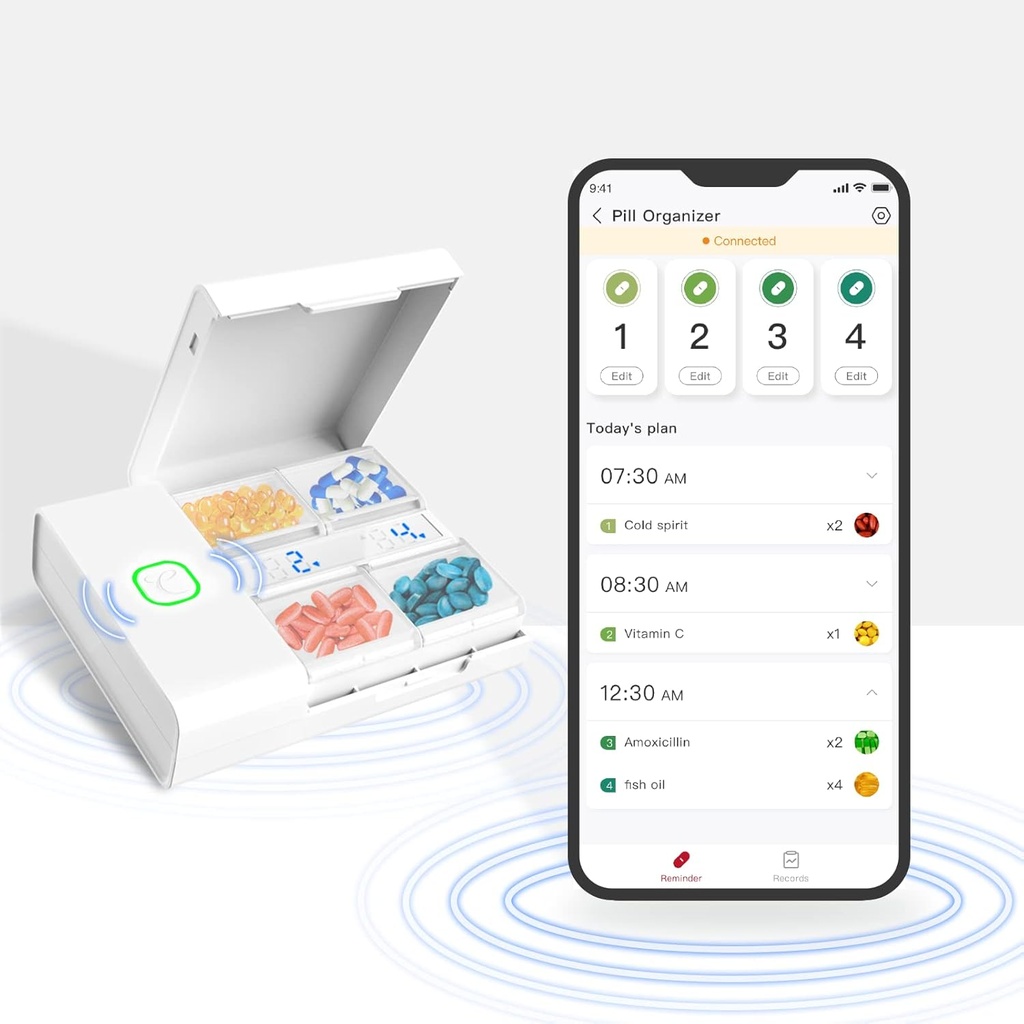 Comfytemp Medicina Box - Smart Medication Organizatorius su nemokamai App, pilight Plan on Pill Box, Priminimas, 4 Dideli skyriai, Įkraunamas Nešiojamų Kelionių pistoletas medicinos / Vitaminai / papildai