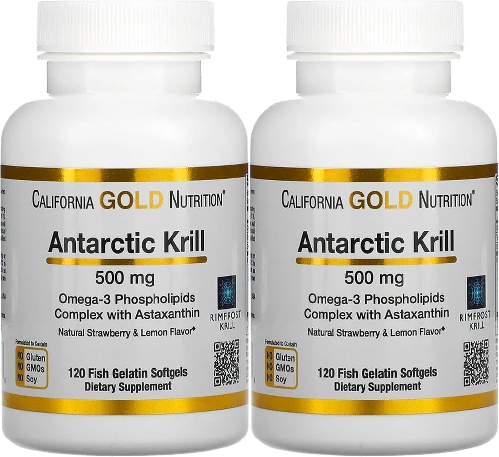 California Gold Nutrition Antarkties krilių aliejus, Ultra- High Omega-3 su Astaxanthin, Natūralios braškių ir citrinų skonio, Ne GMO, Gluten Free, 500 mg, 120 Žuvis Želatina Softgels, 2 Pack