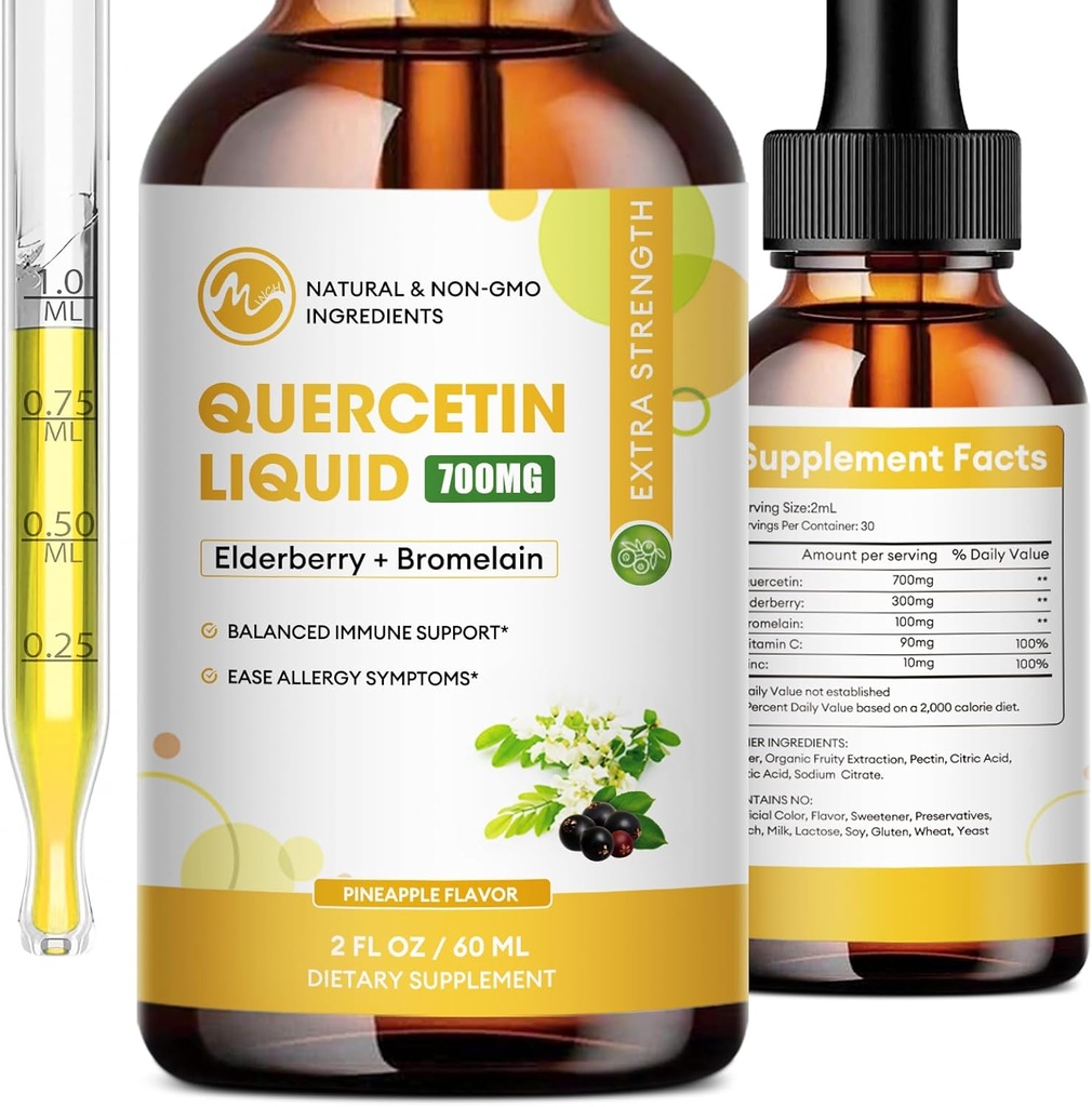 (2 pakuotė) Quercetin Skysti lašai - Quercetin papildai 700mg - 4X Stipresnis Than Pills & Capsules - 5 į 1 Quercetin su Bromelan Elderberry Vitaminas imunitetui kvėpavimo sveikatos- 2 Fl Oz * 2