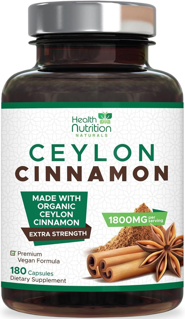Ceilonas Cinnamon kapsulės 1800mg - Sertifikuotas organinis Ceilonas Cinnamon miltelių papildas, buteliuose JAV, Ekstra stiprumo energijos ir širdies paramos piliulės, Non- GMO & gluten Free, Cukrus Nemokamas - 180 kapsulės