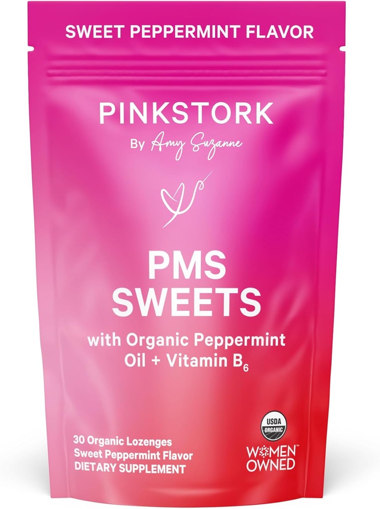 Pink Stork Organic PMS Support Sweets for Teens and Women - Simple & Natural Ingredients Vitaminas B6 and Pipirmėtės - Laikotarpis, Digeuzija, Bloating, Mood Swings - 30 lašai