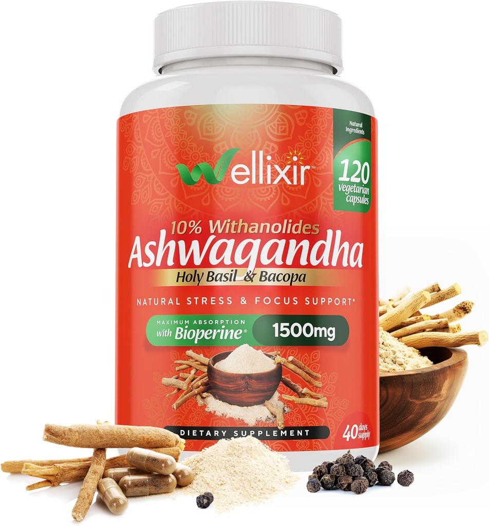 Ashwagandha Capsules - 10% Widanolides, Šakninių miltelių ekstraktas, Žolinis priedas padėti paramos gamtos Stress Relief, Miego, Focus - 1500mg, vyrams ir moterims -120 Count