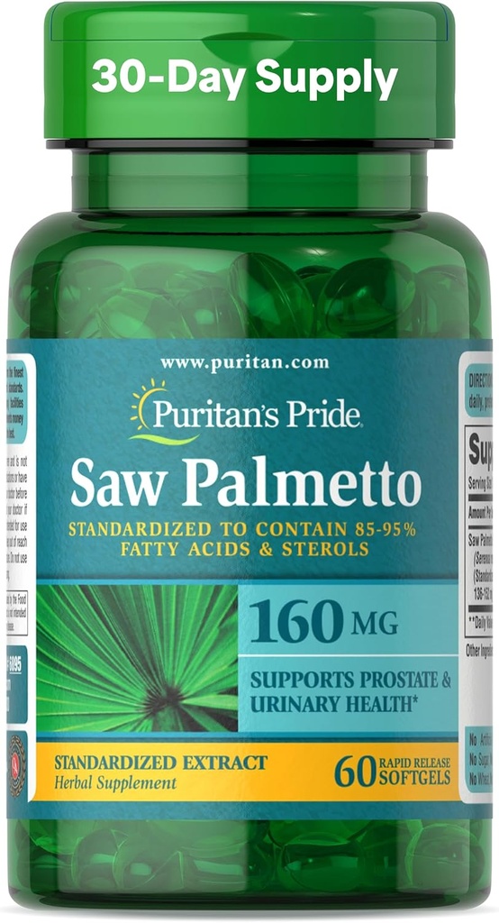 Puritan 's Pride Saw Palmetto ekstraktas 160mg, Tradicinis augalinis dietinis priedas, skirtas pienams Provalstijos ir šlapimo sveikatos palaikymui, 60 greito atpalaidavimo kapsulių