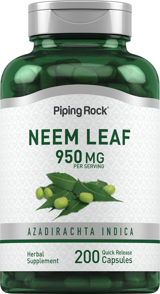 Piping Rock Neem Leaf Capsules ® 124; 950mg ® 124; 200 Miltelių piliulės ® 124; Herb Extract Additive ® 124; Azadirachta Indica ® 124; Non-GMO, Gluten Free