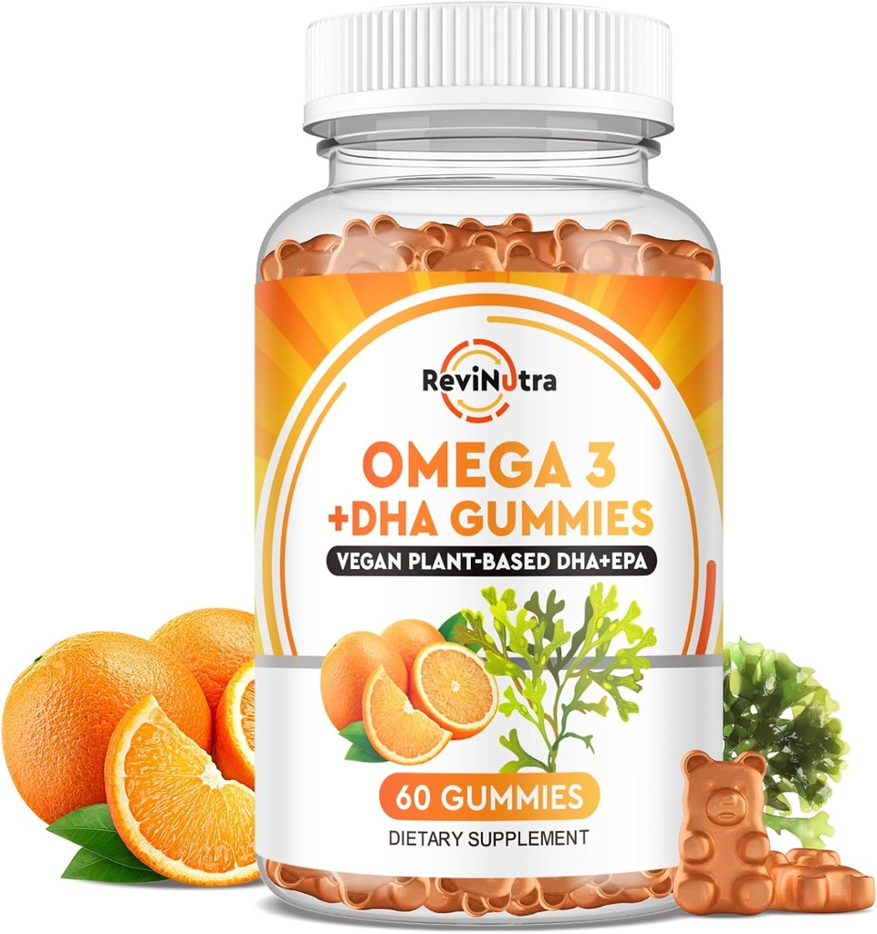 Omega 3 Gummies, Omega 3 Žuvų taukų papildai Alternatyvūs su EPA & DHA, CoQ10, Folate, Vitaminas A, D3, E, Palaiko smegenų, bendras, širdies, akių, ir imuninės sistemos funkcijų- Oranžinė skonio, 60 Gummies