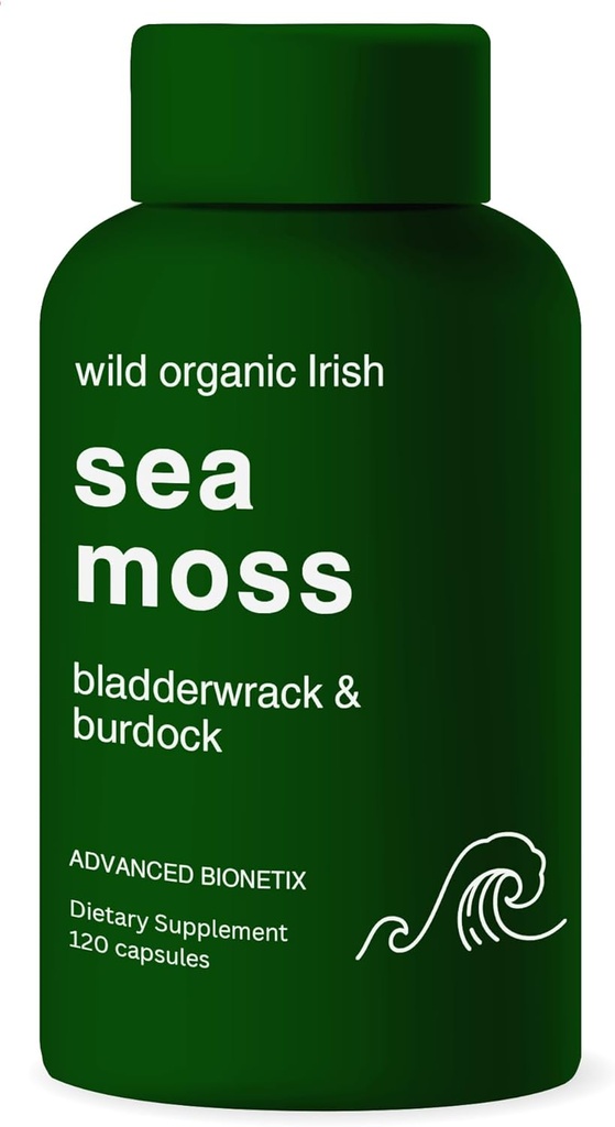 Organic Irish Sea Moss Capsules, žaliavinio Wildcrafted Seamoss Enhanced w / Bladderwrack & Burdock Root Capsules 120 Total Pills Antioksidantas Pakuotas. Prebiotinis maisto produktų, Skydliaukės parama