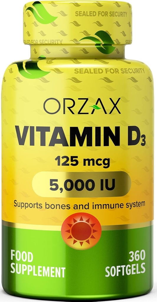 ORZAX Vitaminas D3 5000 iu (125 mcg) - Ne GMO, Gluten Free, Cukrus Nemokamas, Pienas Nemokamas - 1 metų tiekimo stiprios raumenų funkcijos & Imuninė parama - Mood Additive for Wellness (360 Softgel)