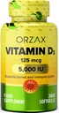 ORZAX Vitaminas D3 5000 iu (125 mcg) - Ne GMO, Gluten Free, Cukrus Nemokamas, Pienas Nemokamas - 1 metų tiekimo stiprios raumenų funkcijos & Imuninė parama - Mood Additive for Wellness (360 Softgel)