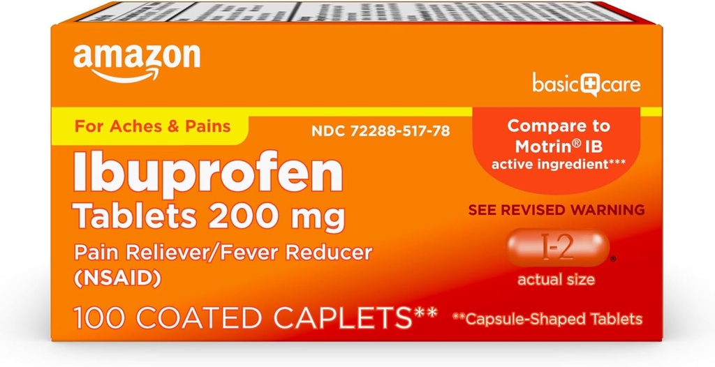 Amazon Basic Care Ibuprofenas Tablets, 200 mg, Skausmas relever ir karščiavimas Reducer, Artritas, Dantų skausmas, nugaros skausmas ir daugiau, 100 Skaičiavimas