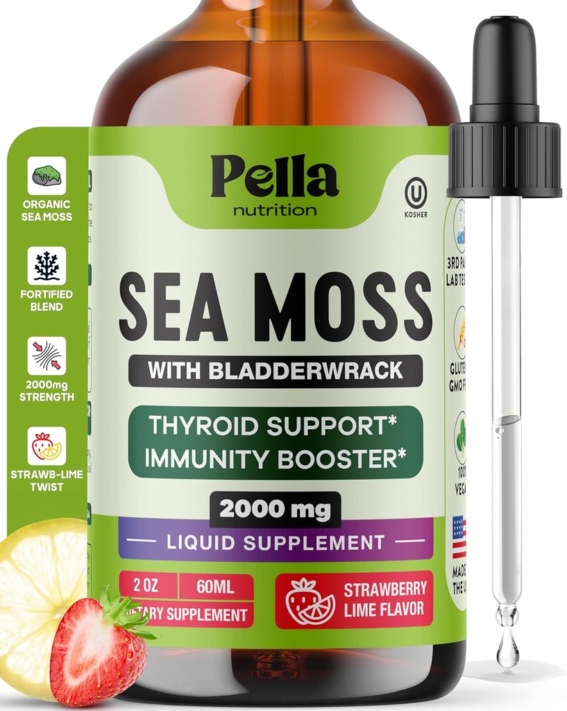 Pella Nutrition Sea Moss lašai su Bladderwrack - 4X Faster Absorbcija Than Irish Sea Moss Gel Superfood, Gummies, and Capsules - Digestive & Immune Support Addition (Braškių kalkės, 60ml)