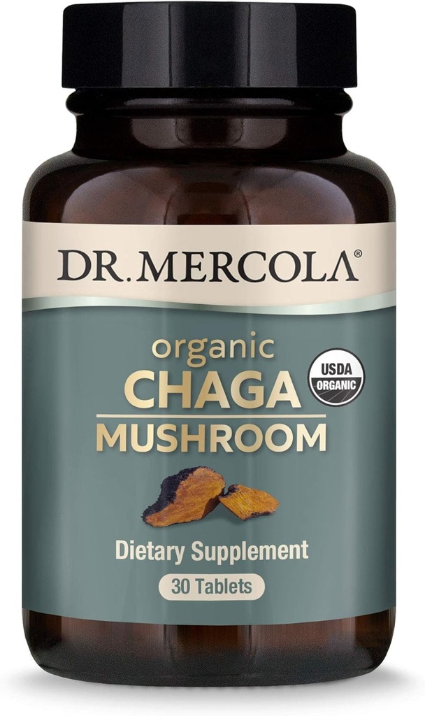 Dr. Mercola Organic Chaga Mushroom, 30 Paslaugos (30 tablečių), Dieta priedas, Palaiko sveiką imuninę funkciją, Ne GMO, Sertifikuotas USDA Ekologiškas, NSF Turinys Sertifikuotas