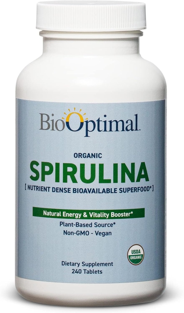 BioOptimal Organic Spirulina Tablets - Organic, Non- GMO, No Additives or Fillers - 500mg Premium Quality Dieta Priedas su vitaminais, mineralais ir antioksidantais (240 tablečių)