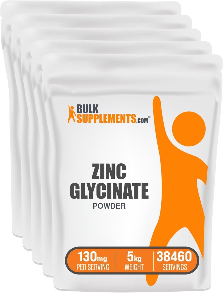 BulkSupplemen.com Cinko glicinato milteliai - Cinko priedai, mineraliniai priedai imuninei paramai - Gluten Free, 130mg / serving, 5kg (11 lbs) (Pakuotėje yra 5)